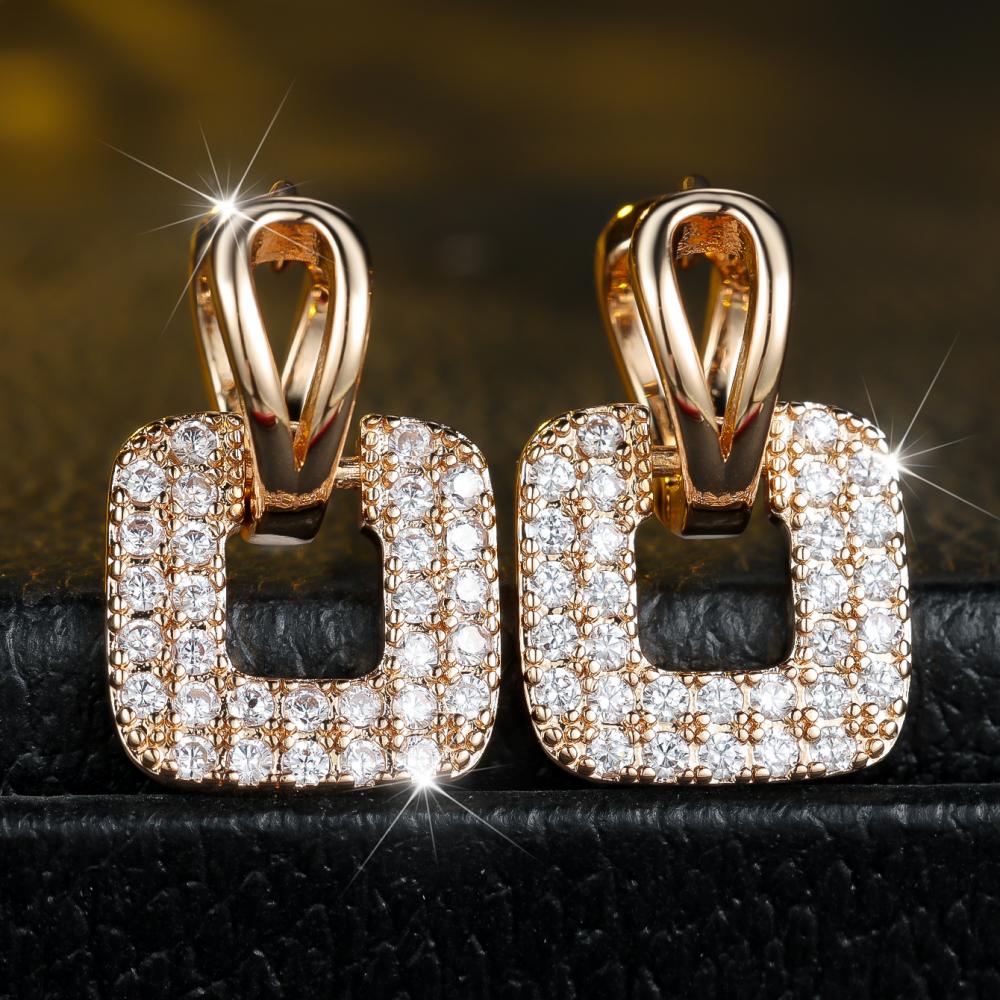 Fashionable Gold Color Square Geometric Hollow Pave CZ Drop Earrings for Women Wedding Party Gift
