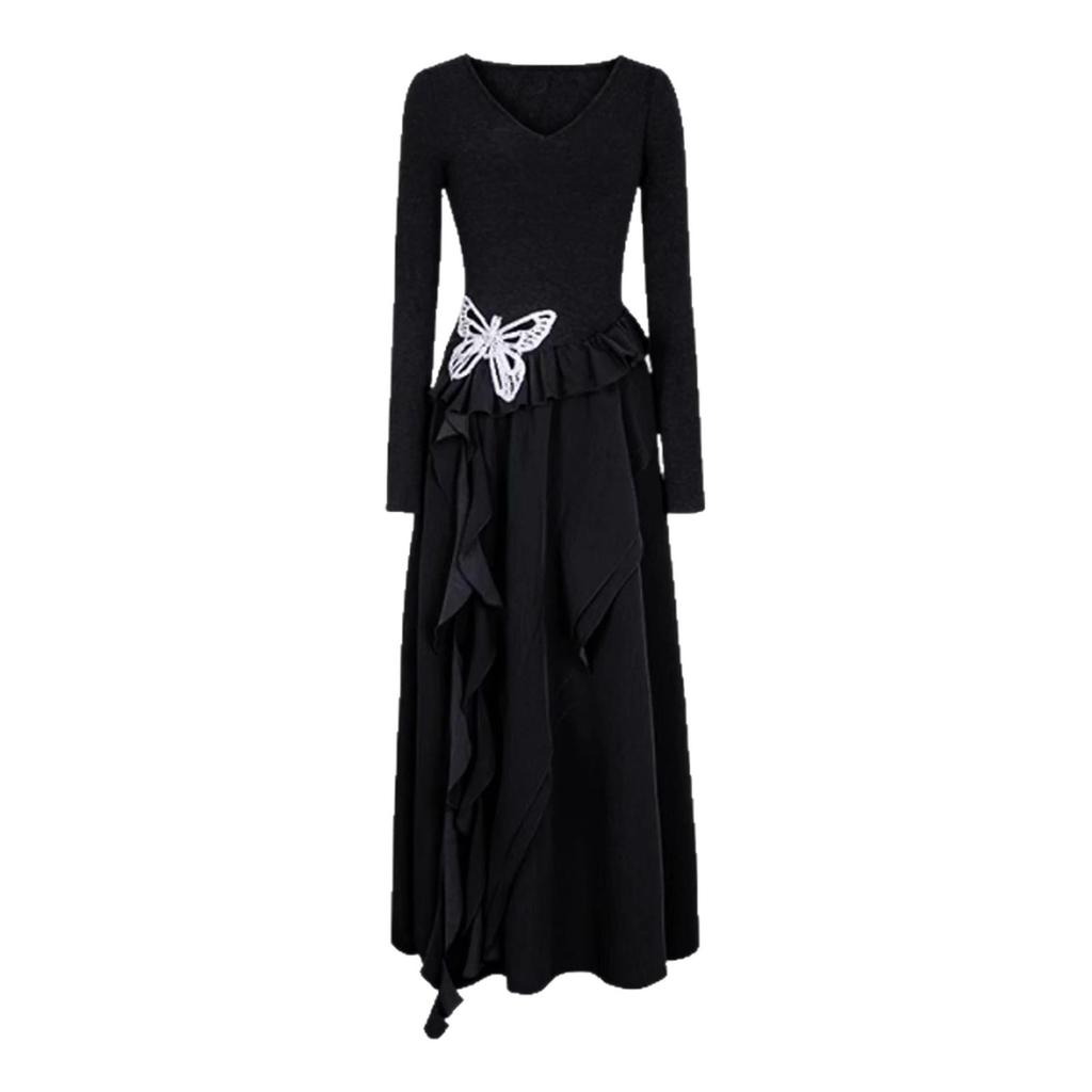 Autumn New Long-sleeved Irregular Butterfly Small Black Dress Long Dress Early Autumn Wear Elastic Waist Pinch Dress