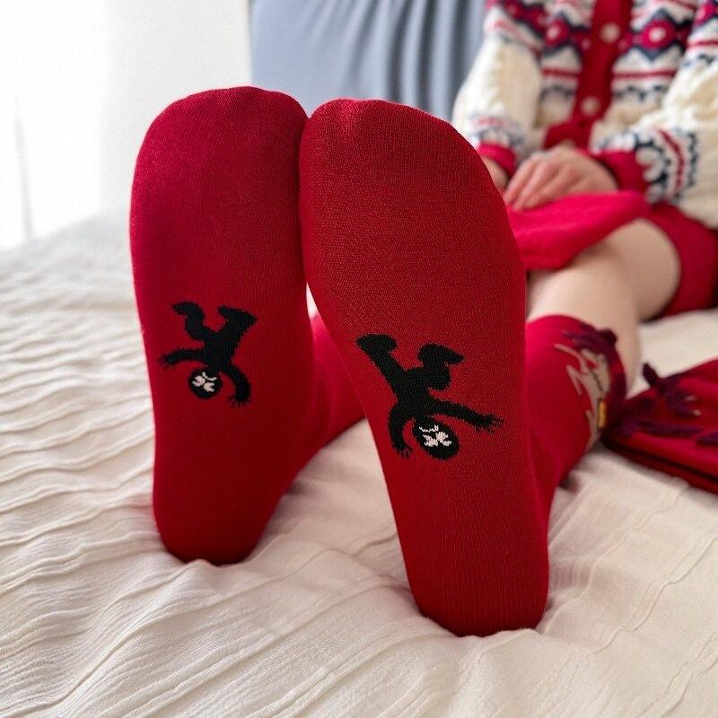 Women Horse‑Year Red Socks,Autumn Winter Thick Warm Stackable Socks,Embroidered Boneless Medium‑Tube Calf Cotton Socks