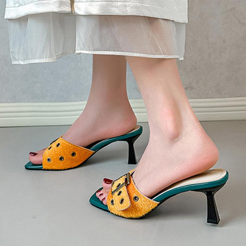 Fashion Liyke New Fashion Big Buckle Strap Square Toe Thin Low Heels Slipper For Woman Mules Slide Shoes Gladiator Sandals Zapatos Mujer