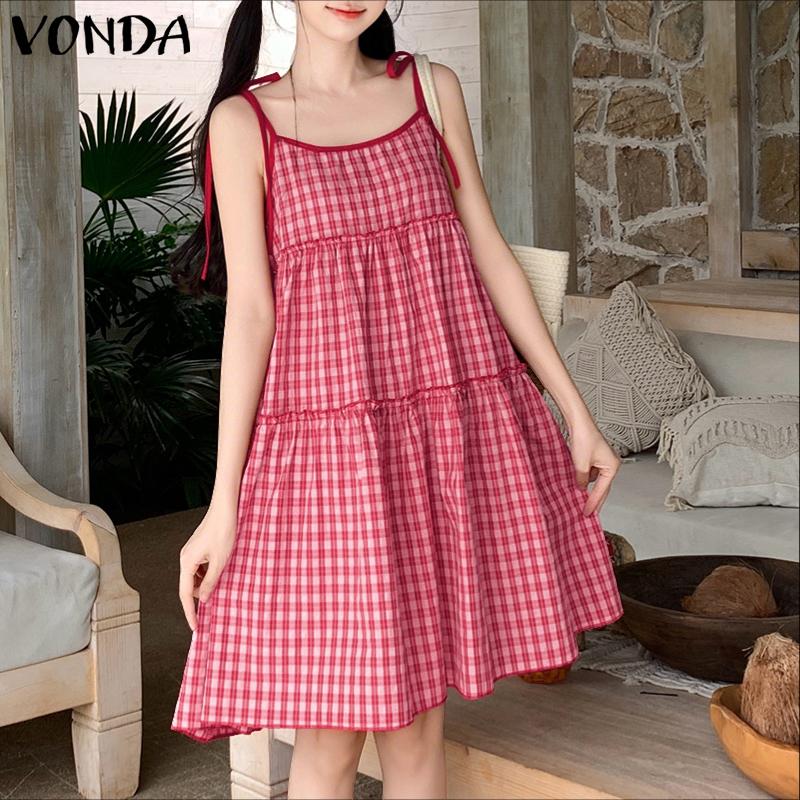 VONDA Women's Sleeveless Sling Plaid Casual Loose Pleated Tank Dress