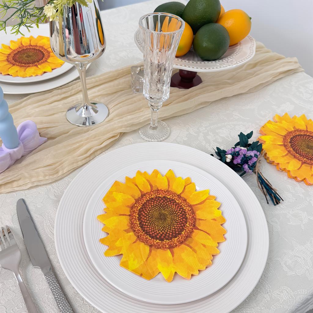 20pcs/Set, Disposable Sunflower Shape Printed Napkins, Birthday Holiday Picnic Wedding Party Paper Towels, Restaurant Dessert