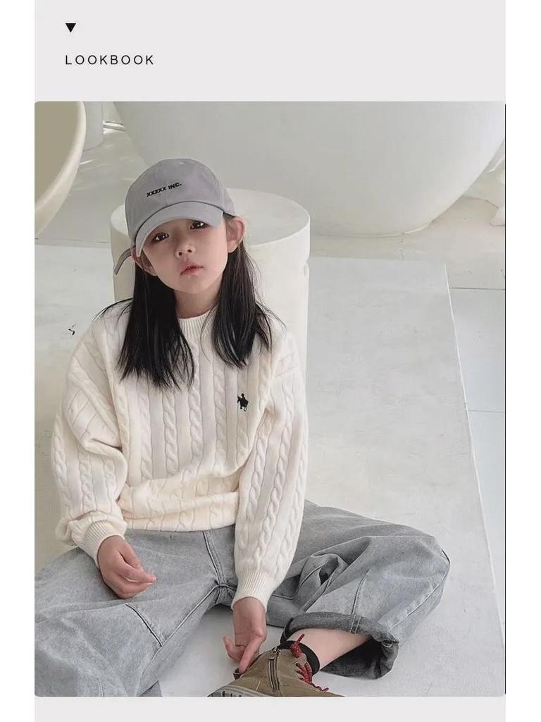 Dostępny od ręki sweter z dzianiny kablowej dla chłopców i dziewczynek: Nie mechaci się, Okrągły dekolt, Idealny na jesień i zimę