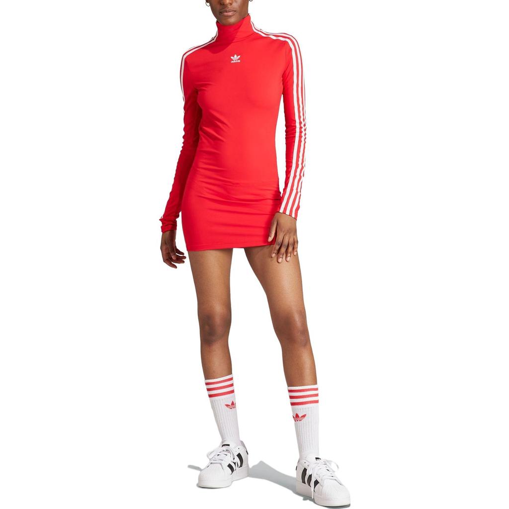 adidas Originals Spice Girl Serie Drei Streifen Logo Bestickt Rückenfrei Figurbetont Stehkragen Langarmkleid Damen Kleider IV9332