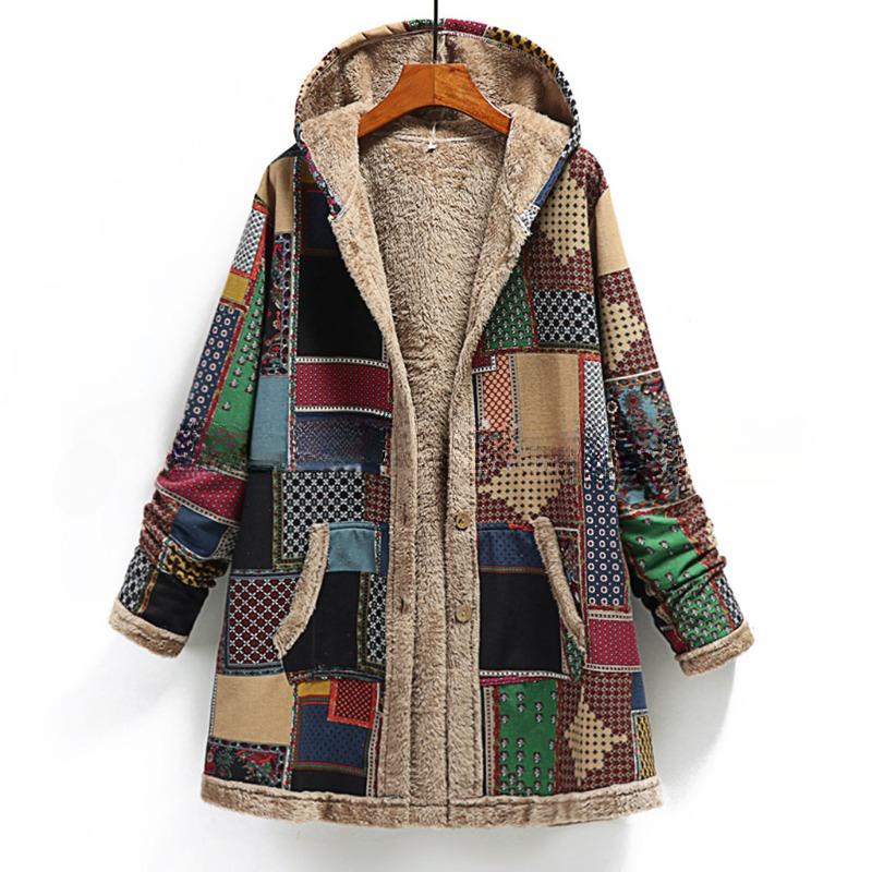 Ladies Commuter Coat Cotton Double-sided Loose Top Winter Warm Fashion Ethnic Style Printed Hooded Coat