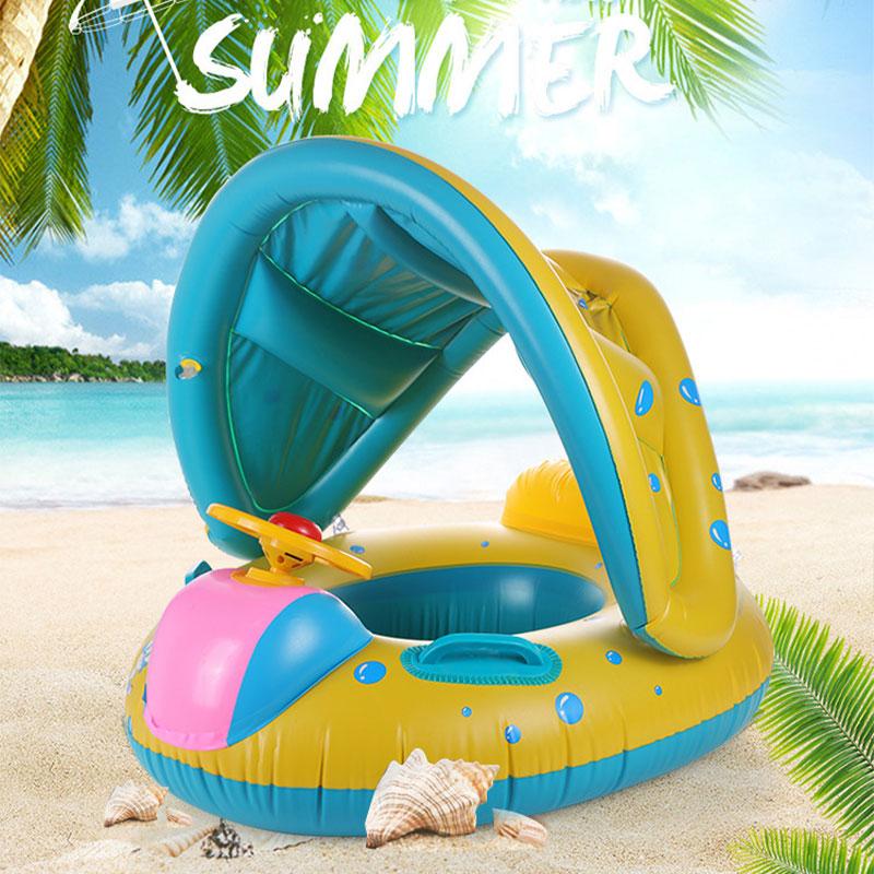 Baby Swim Ring with Sunshade, Toddler Inflatable Boat Float with Steering Wheel