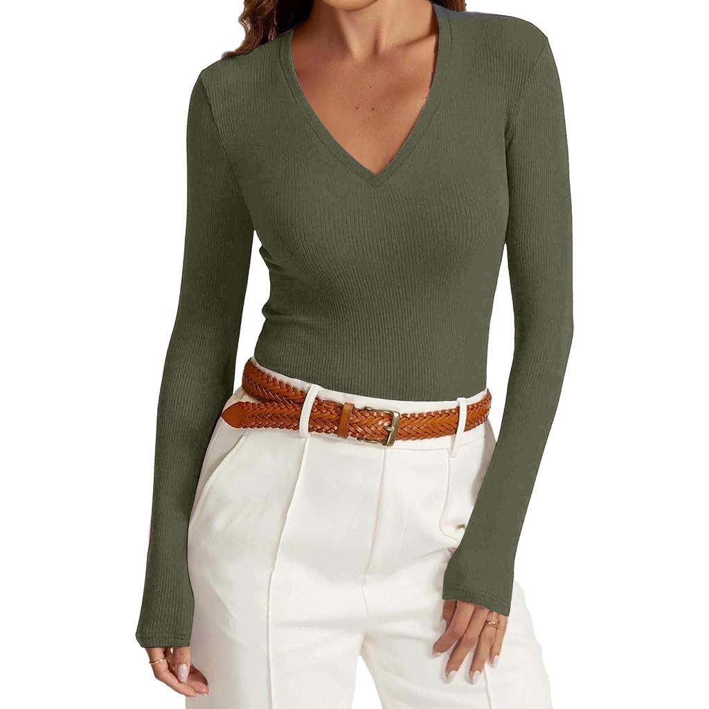 Women's Color V,Neck Slim,Fit Long,Sleeve Top
