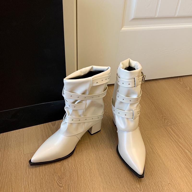 

Fashion Retro Pointed Toe Thick Heel Versatile Thin Women s Mid-leg Boots 35