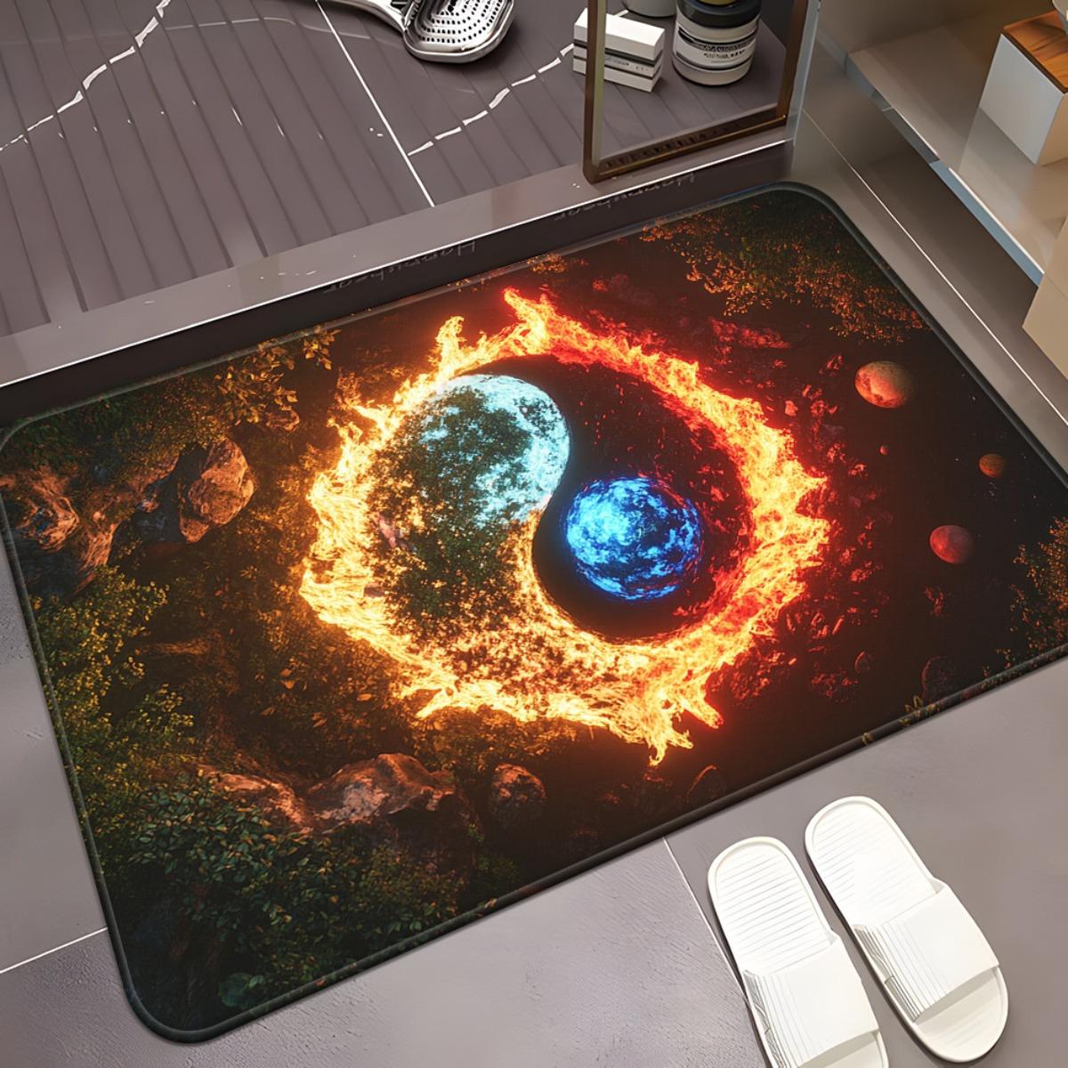 

1pc Yin-Yang Fire & Blue Orb Area Mat - Non-Slip, Microfiber, Absorbent, Machine Washable Polyester Floor Mat for Bedroom, Livin 40x60cm