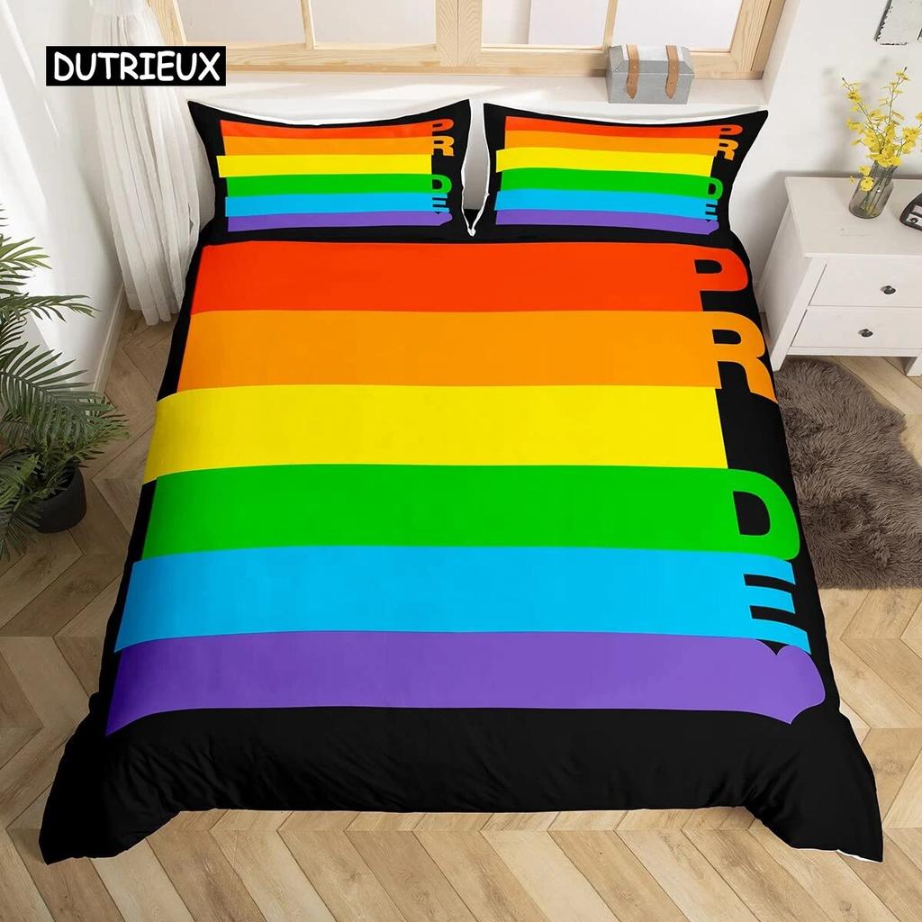 „Love is Love“-Bettbezug, Regenbogen-Bettwäsche-Set, „Pride for Love“-Thema, romantischer Bettdeckenbezug, bunter Cartoon-Auto-Tagesdeckenbezug, dreiteiliges Set