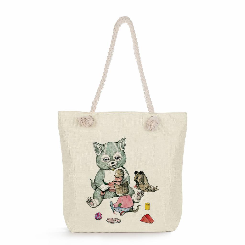 Multifunctional Cute cartoon cat Printed Thick Rope Shoulder Beach Bag Casual large capacity handbag 7610