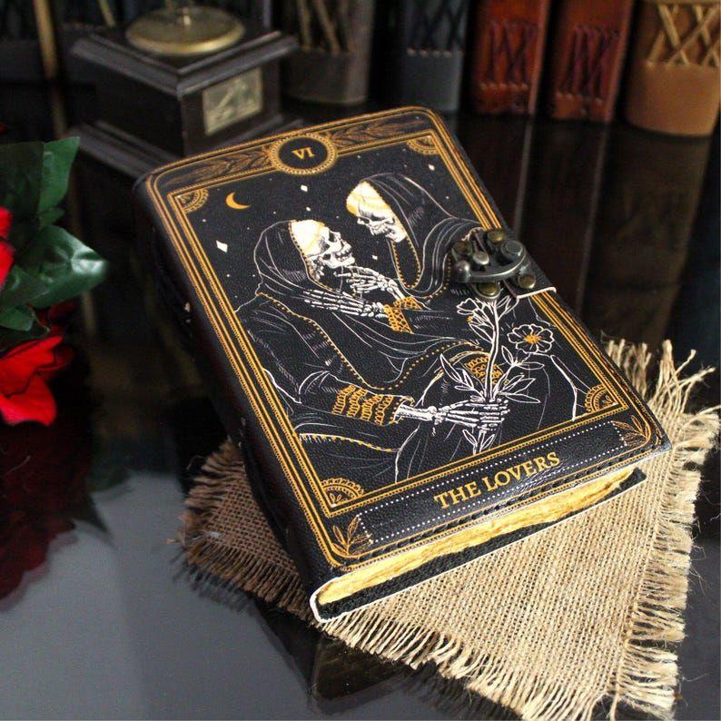 Book of Spells Grimoire Printed Journal The Lovers Tarot Notebook Spiral Gothic Notebook Skull Lover Antique Journals Gifts for Men or Women