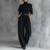High Neck Long Sleeve & High Waist Wide Leg Pants Women's Two-Piece Set with Belt