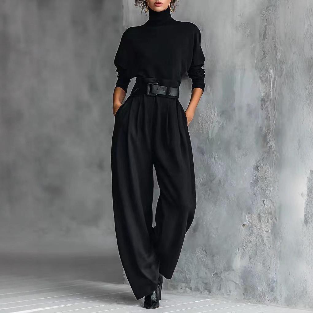 High Neck Long Sleeve & High Waist Wide Leg Pants Women's Two-Piece Set with Belt