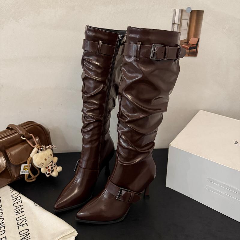 Pointed Toe Thin Sole Stiletto Heel Plus Size Pleated Mid-leg Boots Women's Shoes