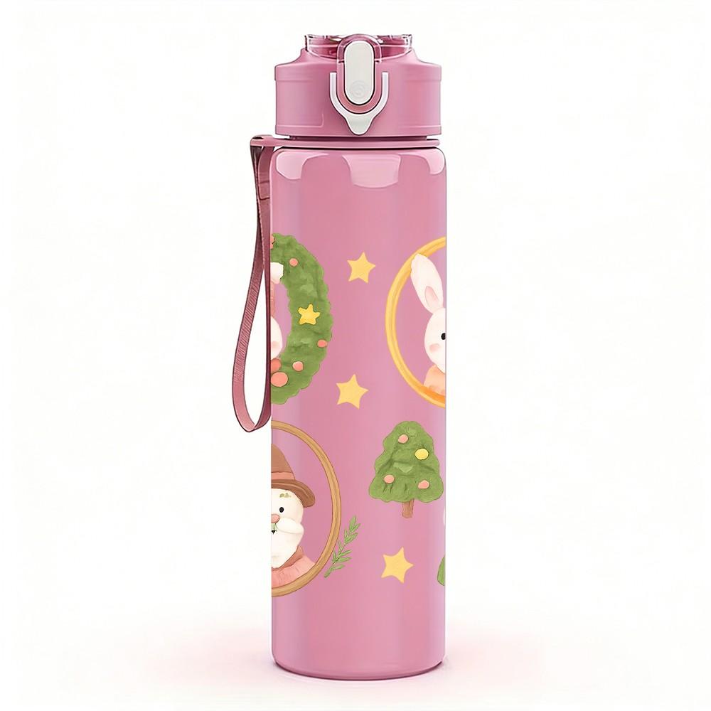 1PC Christmas Wreath Santa Figure Pattern 750ml Color Plastic Sports Water Bottle Leakproof Flip Straw Lid Suitable for Sports Office Home Use