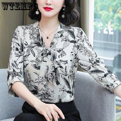 Summer Elegant Printed 3/4 Sleeve Shirt Women's Clothing Commute Loose Beading Spliced V-Neck Chiffon Blouse for Female