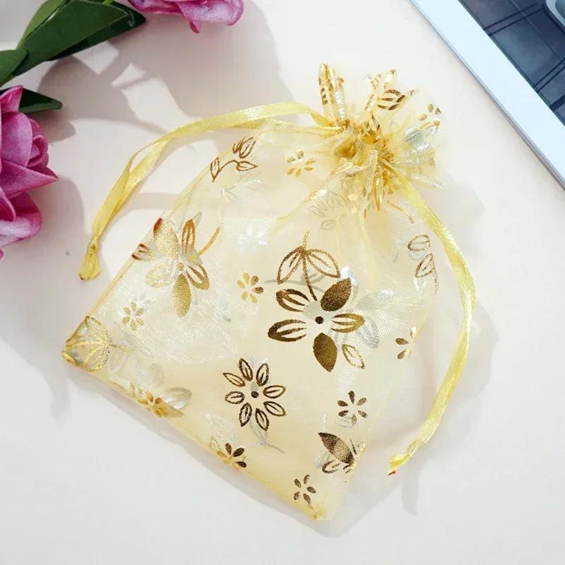 50piece Gold Stamp Rose Pattern Gauze Bag Colorful Pull Rope Self Sealing Storage Bags Candy Gift Accessory Package Jewelry Pouc
