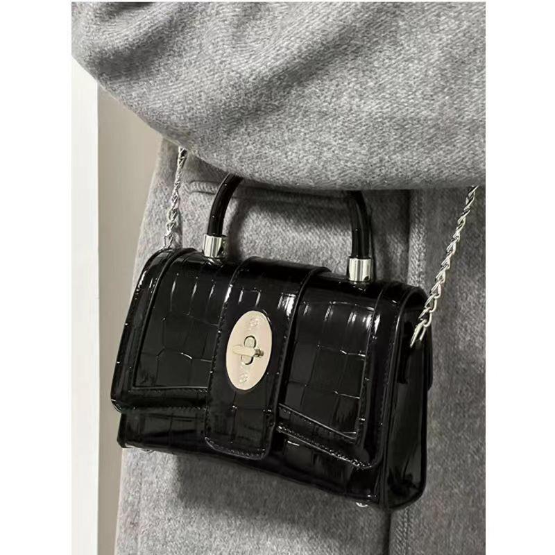 IELGY Women's Chain Patent Leather Locomotive Black Handheld Shoulder Crossbody Bag
