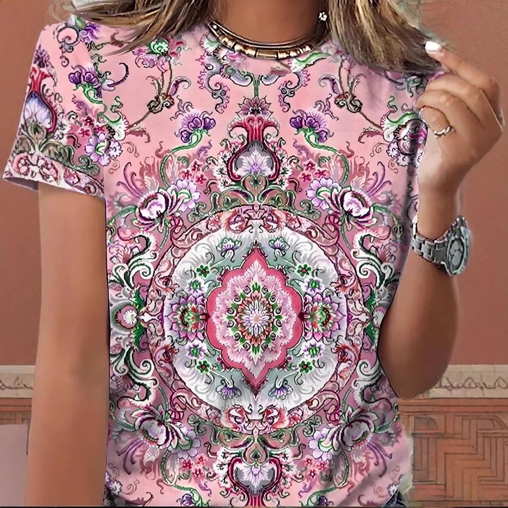 Summer Round Neck 3D Floral Mandala Print Top Fashionable Casual Short Sleeved Women's T-shirts