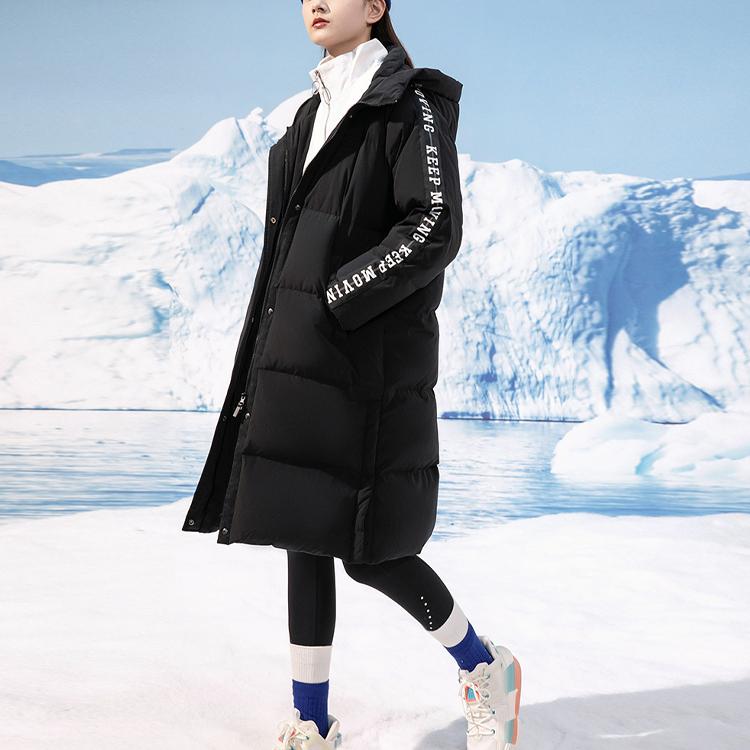 Anta Lifestyle Series Solid Color Side Letter String Mark Waterproof Long Warm Hooded Down Jacket Women Outerwear Black 162148925-2