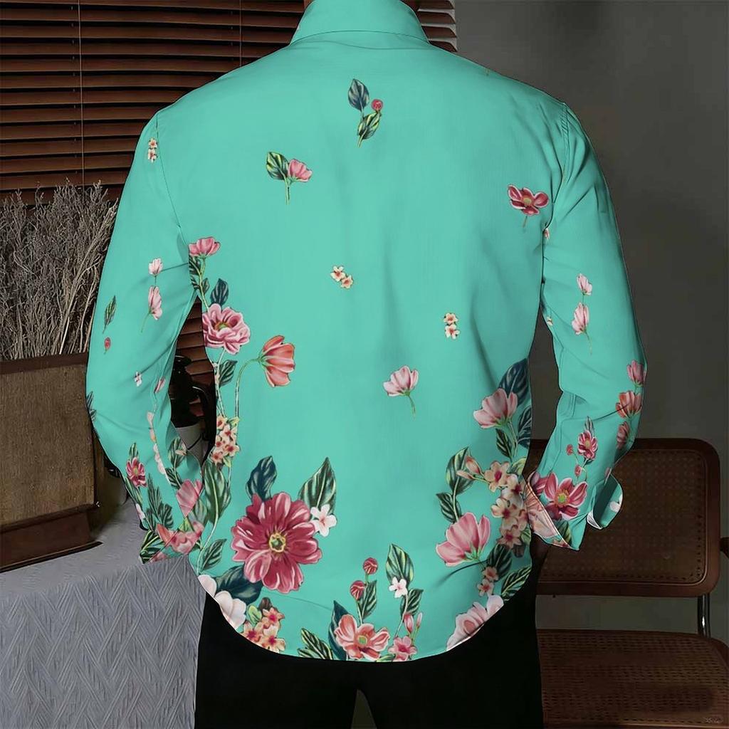 Camisa de Hombre con Cuello Blanco Multicolor Acuarela Hierba Silvestre Estampado Floral Manga Larga Botones Arriba