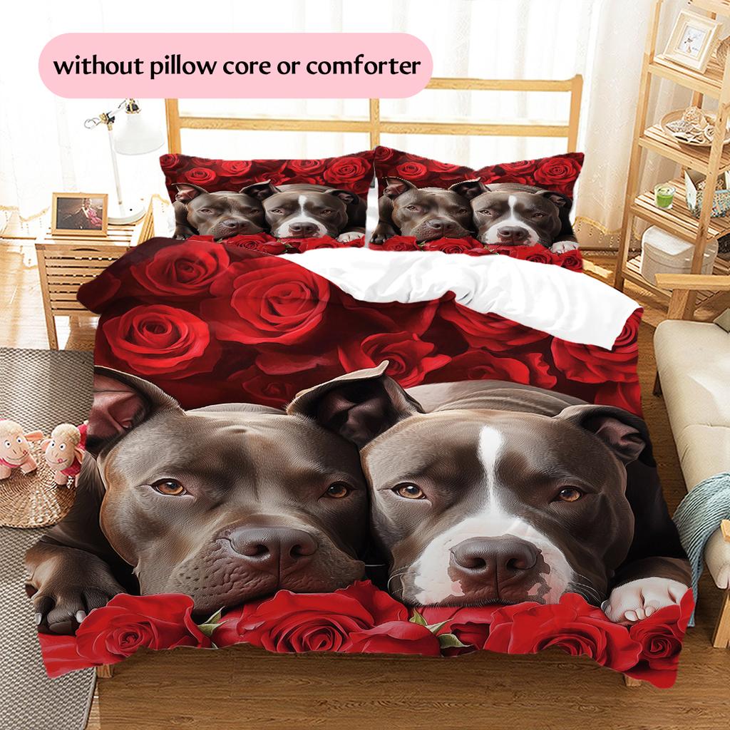 Pitbull and roses Pattern Bedding Home Decoration Birthday Gift (1 * duvet cover + 2 * pillowcase, without core)