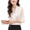 White Satin V-Neck Long Sleeve Shirt for Women - 2025 Autumn French Design