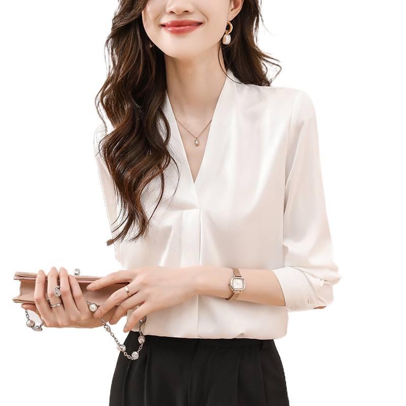 White Satin V-Neck Long Sleeve Shirt for Women - 2025 Autumn French Design