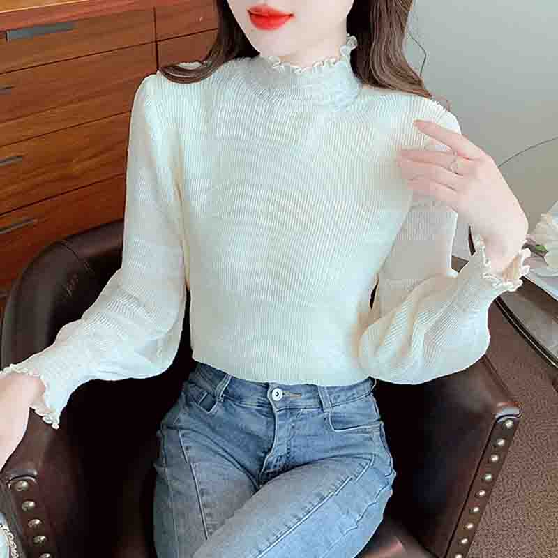 Fashion New 2025 Autumn Winter Long Sleeve Half High Collar Apricot Velvet Chiffon Blouse Shirt Women Tops Blouses Shirts J780