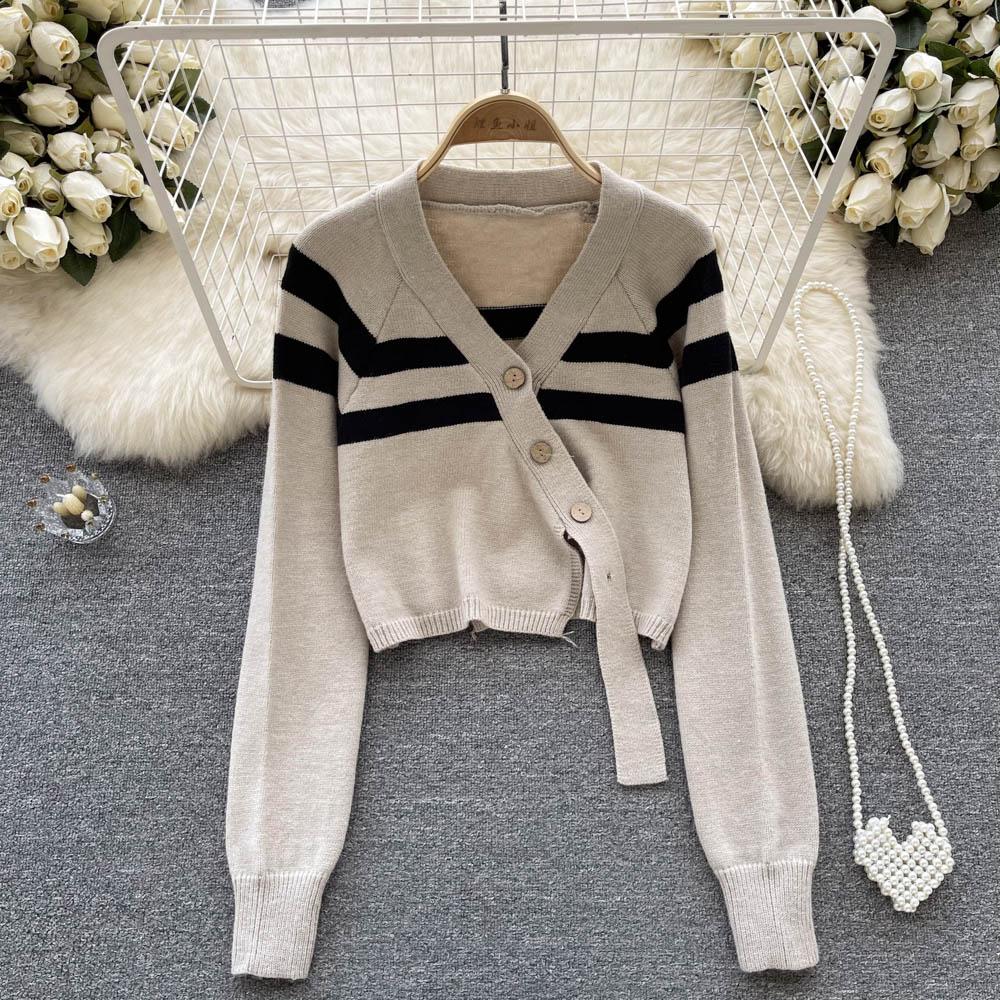 

Осень и зима, новый вязаный свободный короткий свитер с v-образным вырезом в полоску и длинными рукавами, шикарный тонкий свитер