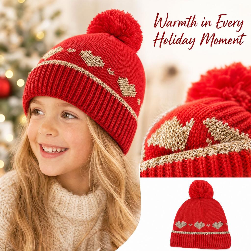 Girls Cute Knitted with Gold Thread Heart and Ear, Warm Winter Hat for Kids