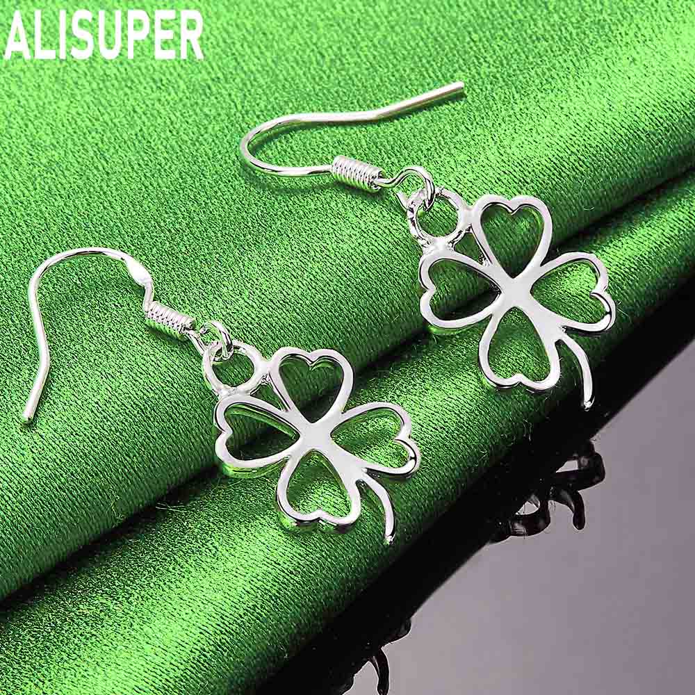 Exquisite 925 Sterling Silver Openwork Four-Leaf Clover Pendant Earrings - Fashion Gift Jewelry