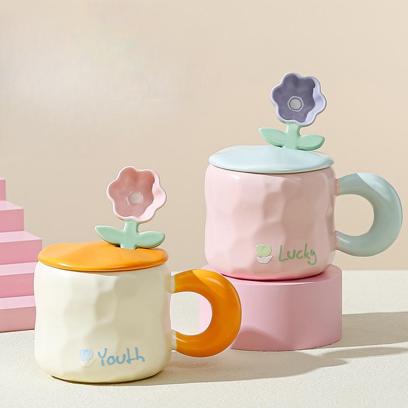Underglaze Ribbon Cover Flower Spoon Ceramic Cup Mid Autumn Festival Business Gift Cup High Looking Macaron Girls Gift