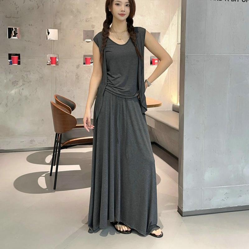 Plus size M to 6XL Modal Pajamas sets Summer Layering Vest Cardigan Top with strawstring Long Skirt Fashion Versatile 2 Piece Outfit