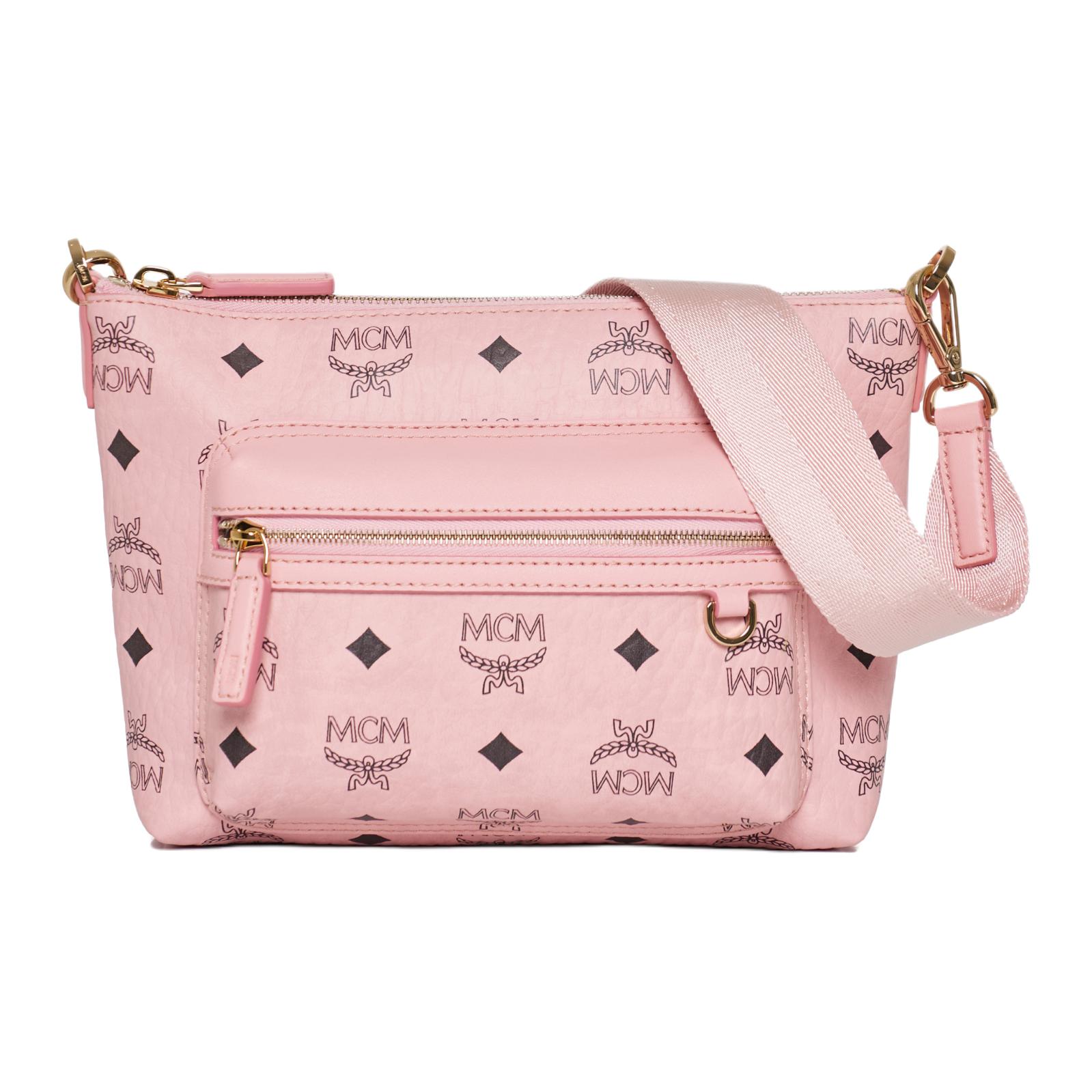 MCM Aren Logo Print Metalen Gesp Polyester Katoen Schoudertas Dames schoudertas Roze MMRGSTA07PZ001 Basic Set (Bag+Dust Bag)