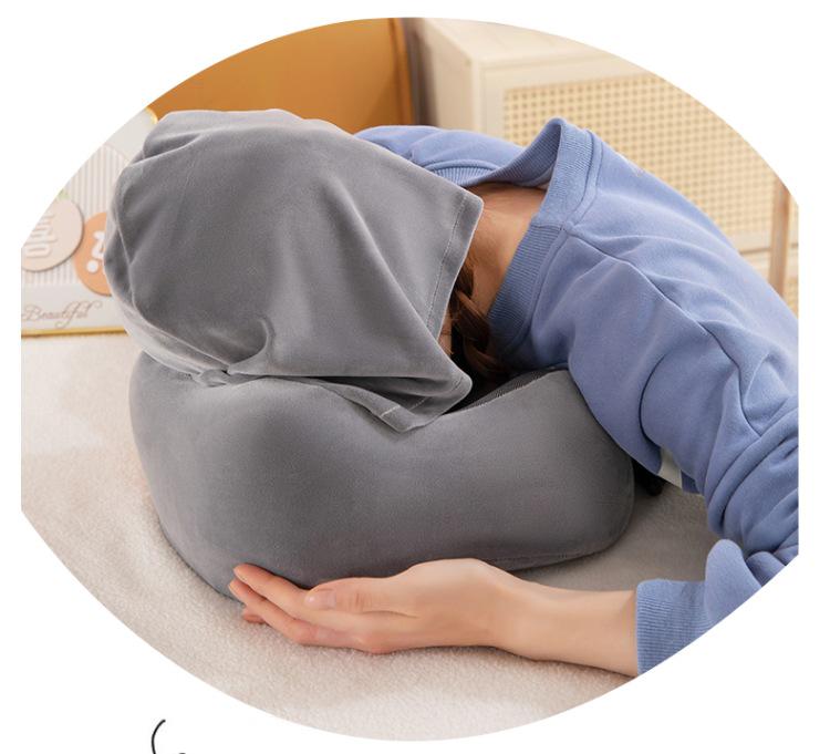 Memory Foam U-Shaped Neck Pillow with Hood - Portable Travel Pillow for Airplane and Outdoor Use
