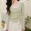 Fake Two Green Long-sleeved T-shirts for Women's Spring Great-looking Slim-fit Bottoming Top