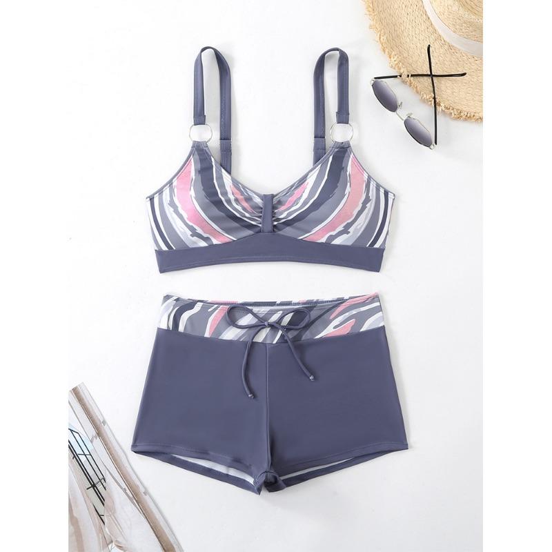 Tankinisett med blomstermønster for kvinner, Elegant 2-delt bikini-badedrakt med justerbare stropper og høy midje, Sommerstrandklær