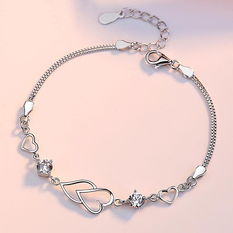 S925 Sterling Silver Heart-to-Heart Diamond Bracelet - Romantic Luxury Gift for Her 925 Silver
