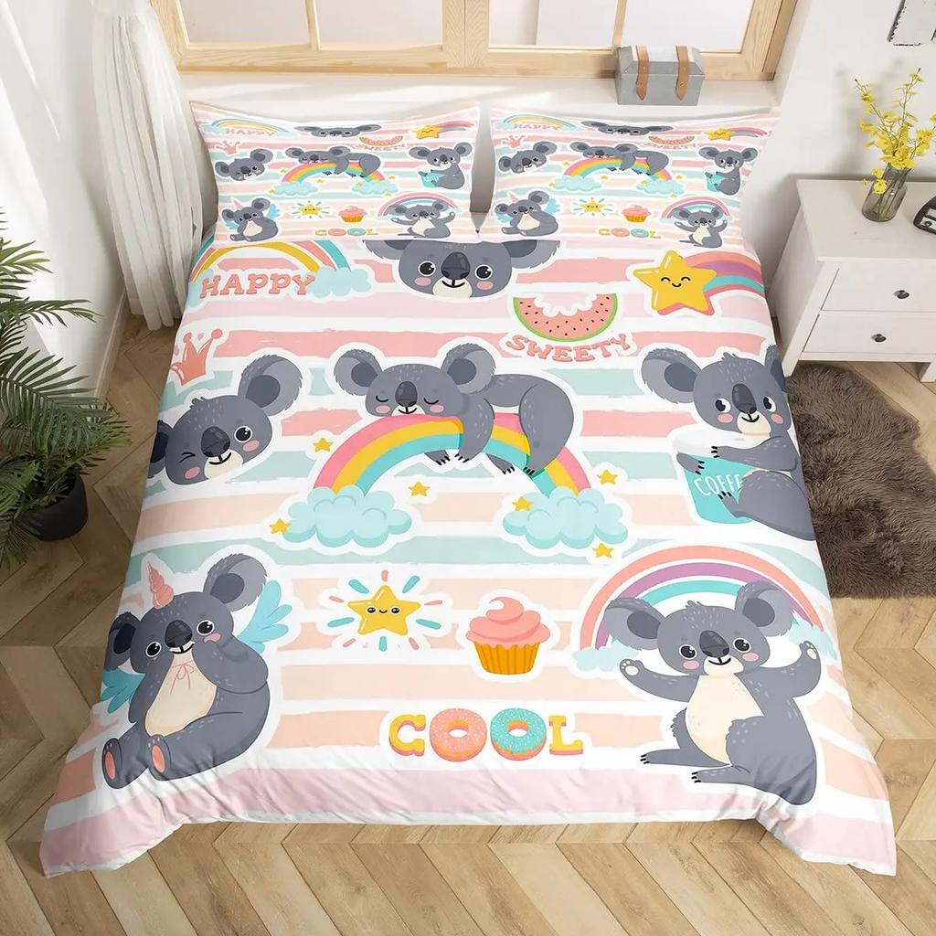 Cartoon Cute Koala Duvet Cover Women Kids Girls Teens Warm Gifts Room Decor Pink Flowers Cartoon Animal Theme Queen King Bedding