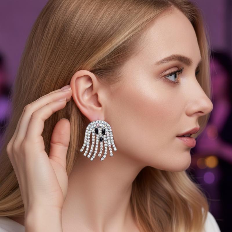 2Pcs Cute Halloween Ghost Stud Earrings Ab Crystal Encrusted Crystal Sparkling Quality Jewelry Gift For Women Girls Fashion
