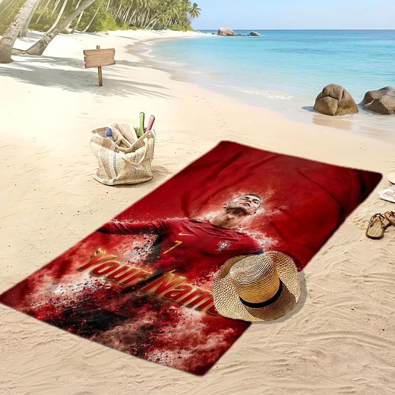 Asciugamano da Spiaggia Personalizzato Stampato Cristiano Ronaldo Logo Calcio Supporto Nome Personalizzato Testo Asciugamano Assorbente Per Sport Viaggio Regalo Speciale
