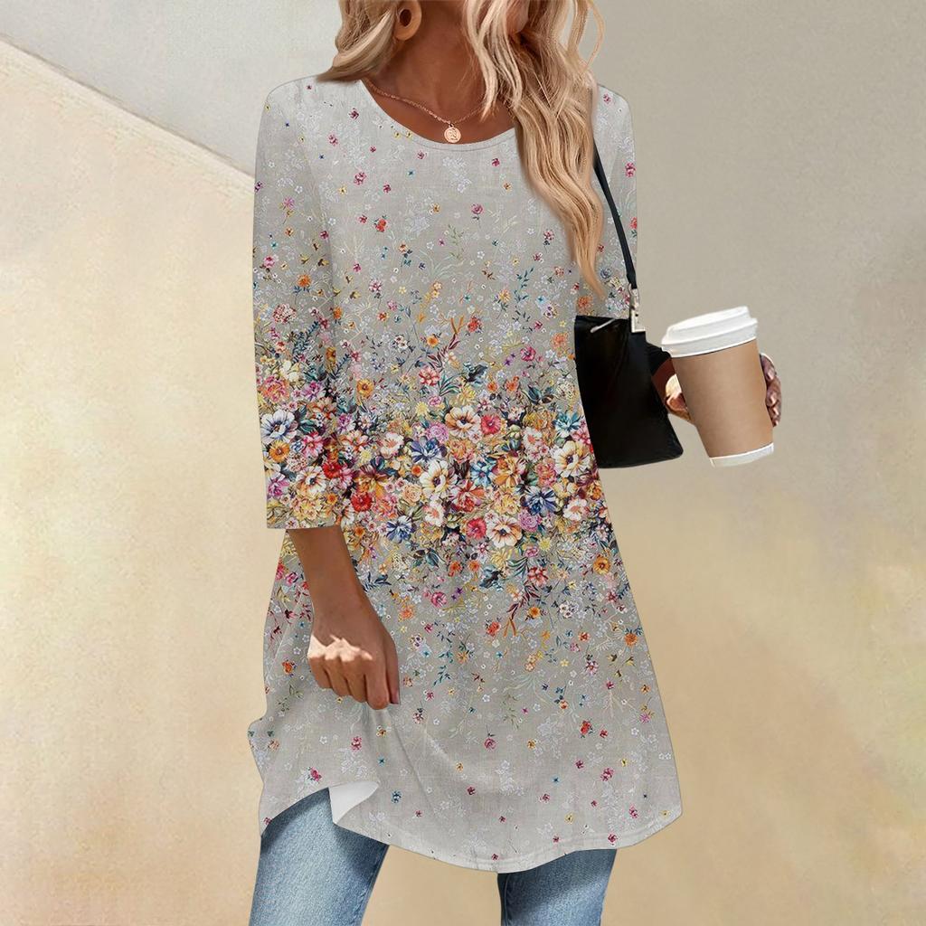 Dame Mote Casual Trekvartsermet Lang Blomstermønstret Rundhals Topp