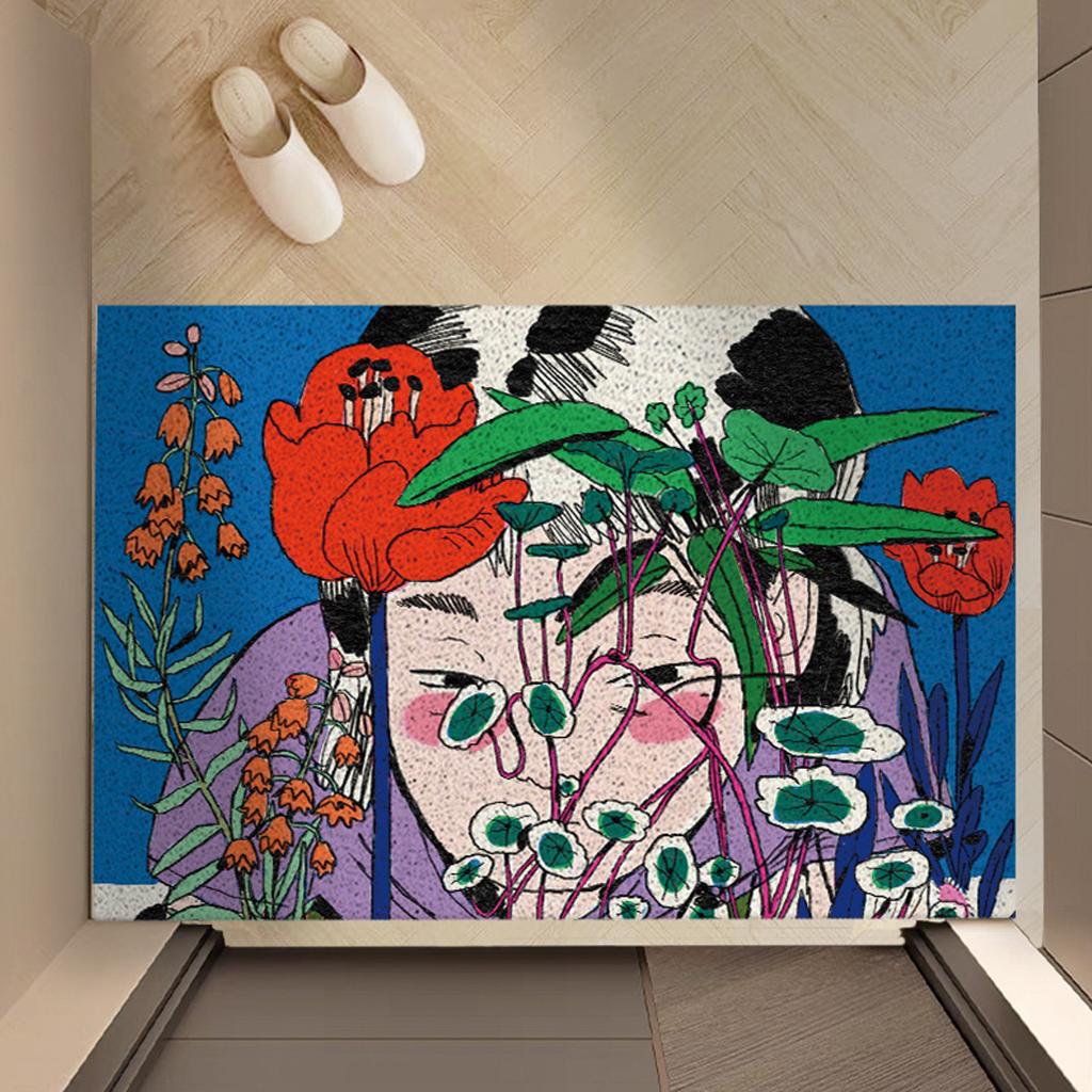 Abstract Beach Running Girl Art PVC Coir Doormat Non‑Slip Dust Removal Entrance Door Mat,Waterproof Wear‑Resistant Welcome Rug