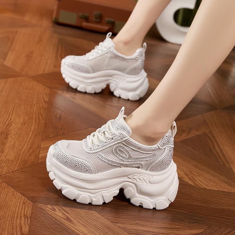 Platform Dad Shoes Women's 2025 Spring and Summer New Korean Version Rhinestone Versatile Casual Shoes Inner Height Increase Women's Shoes Breathab