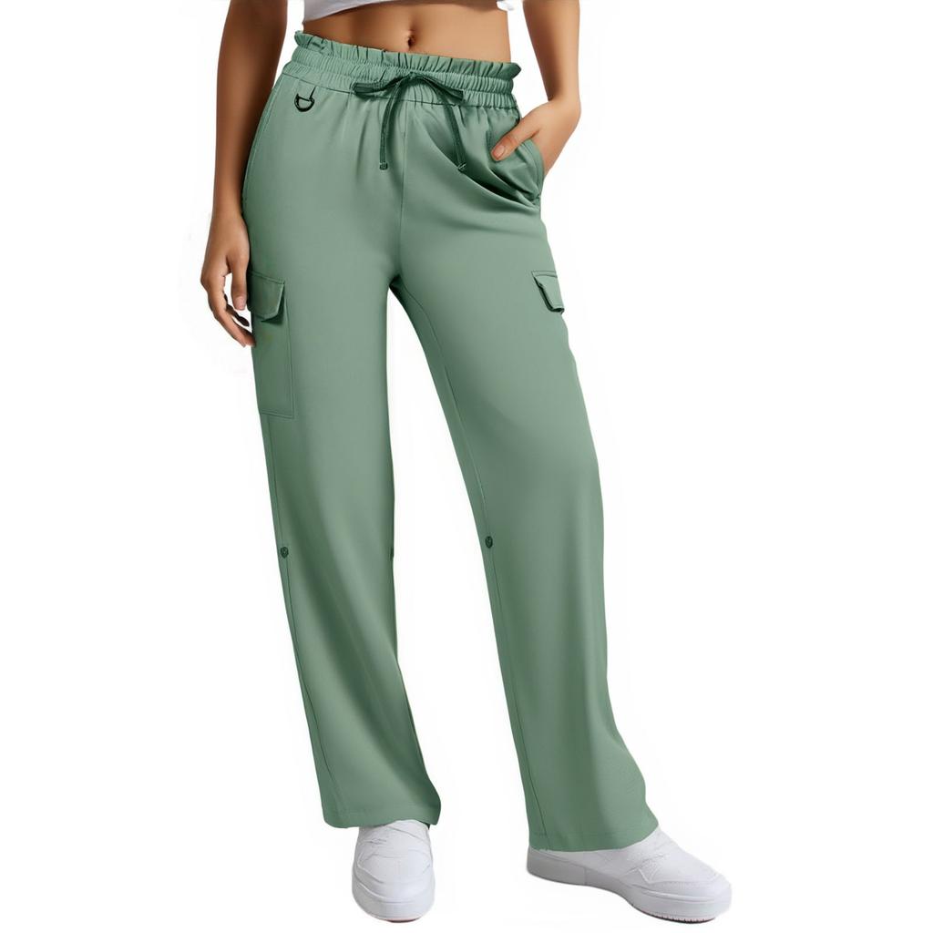 Women's Casual Fashion Solid Color Elastic Waist Drawstring Pocket Wide-Leg Straight-Cut Joggers