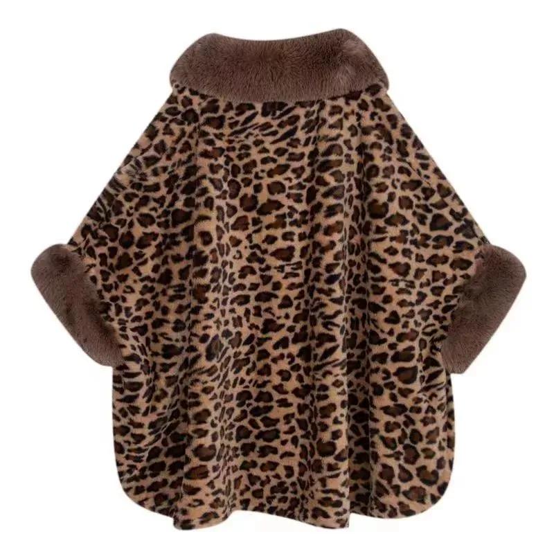 Women's Autumn and Winter Plus Velvet Thickened Fur Collar Cloak with Sleeves Mid-length Shawl Leopard Pattern Coat Retro Outer Cloak