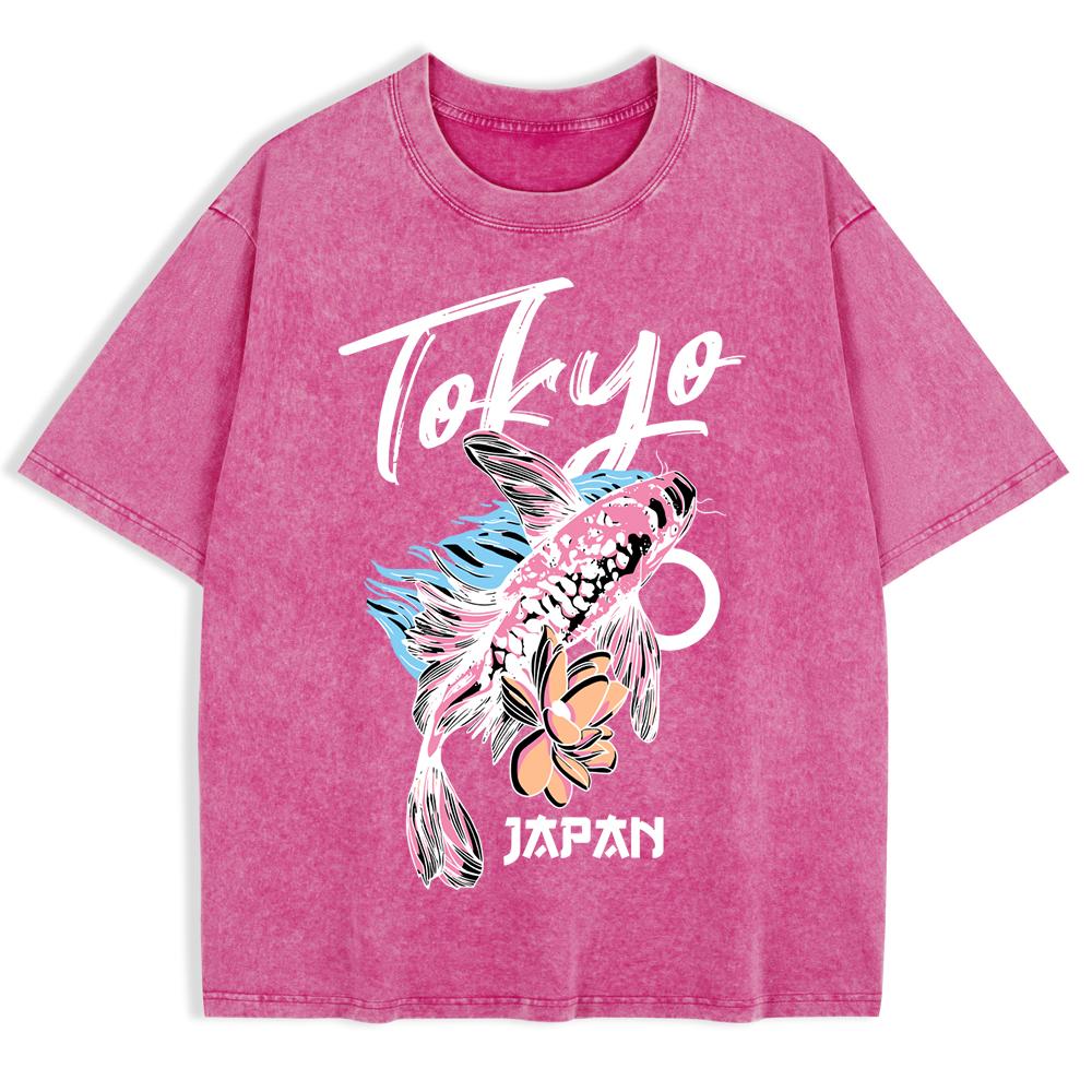 Japanese Koi Harajuku Printing Washed T-Shirts Mens Cotton Oversize T Shirt Summer O-Neck Short Sleeve Men'S Clothes