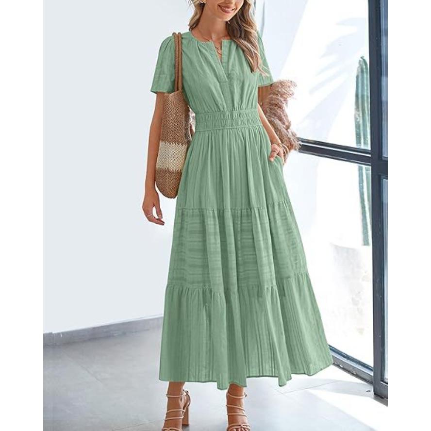 VEZFAA Abiti casual da donna, estivi e primaverili, a maniche corte, con scollo a V e vita media